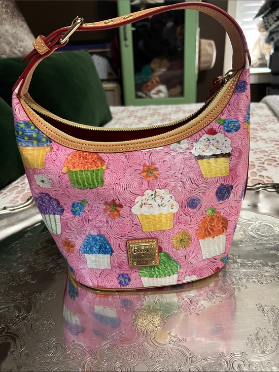 Dooney & Bourke Handbags - Dooney & Bourke Pink Cupcake Print Shoulder Hobo with Tan Trim